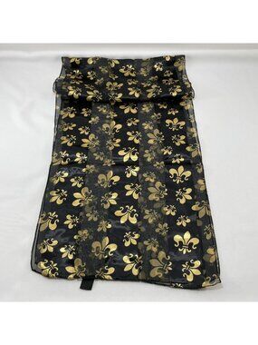 Vintage Fleur De Lis Lily Scarf Rectangle Long 58” Gold Black Flower Iris French